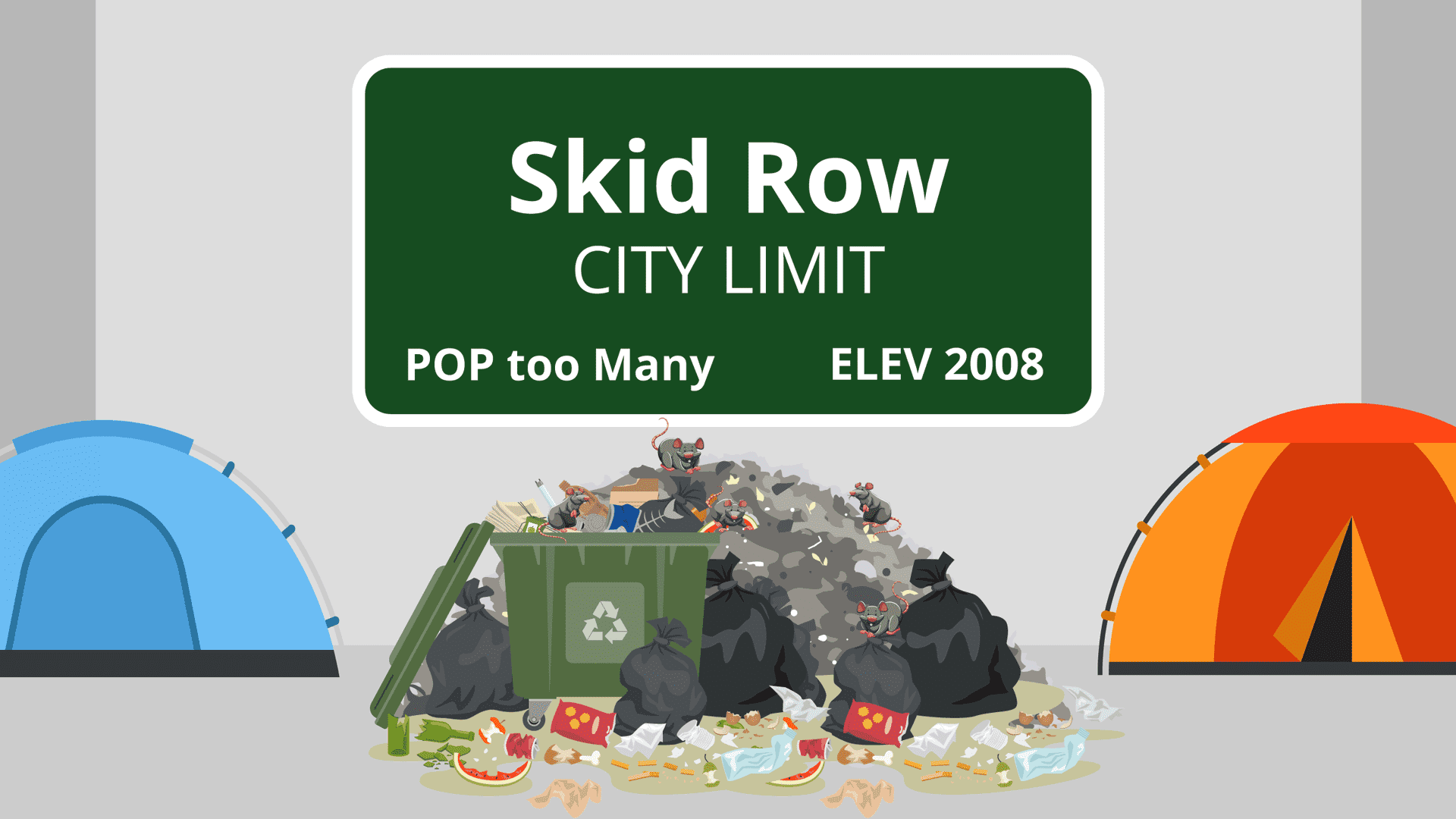 Illustration of trash and rats at Skid Row in Los Angeles, CA. 