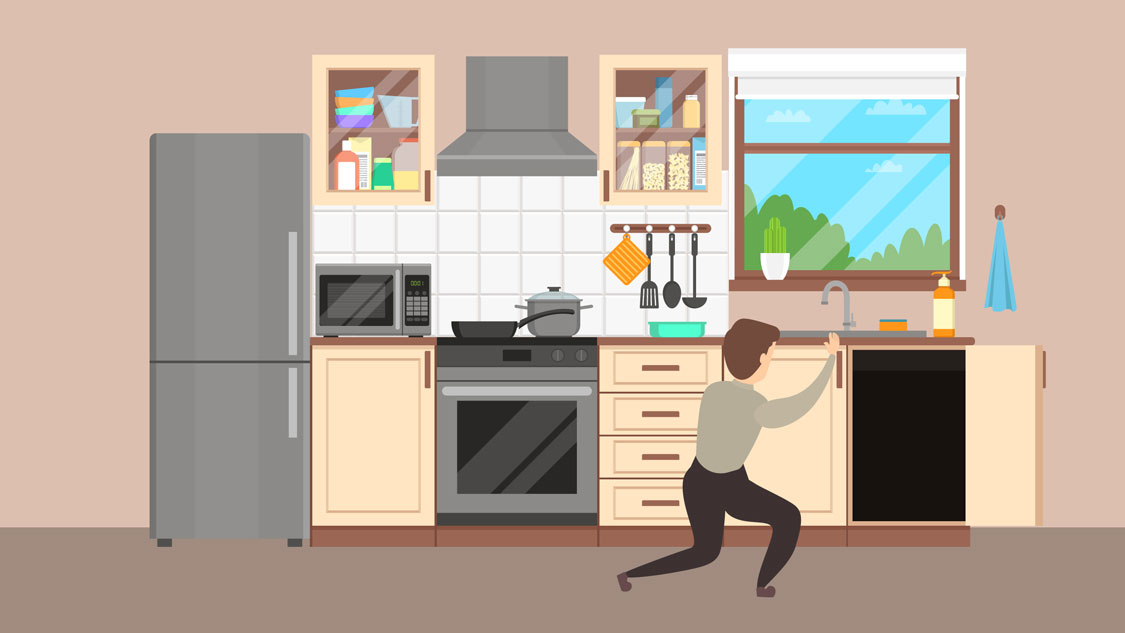 Graphic illustration featuring Lloyd Pest Control technicians performing inspection in kitchen.