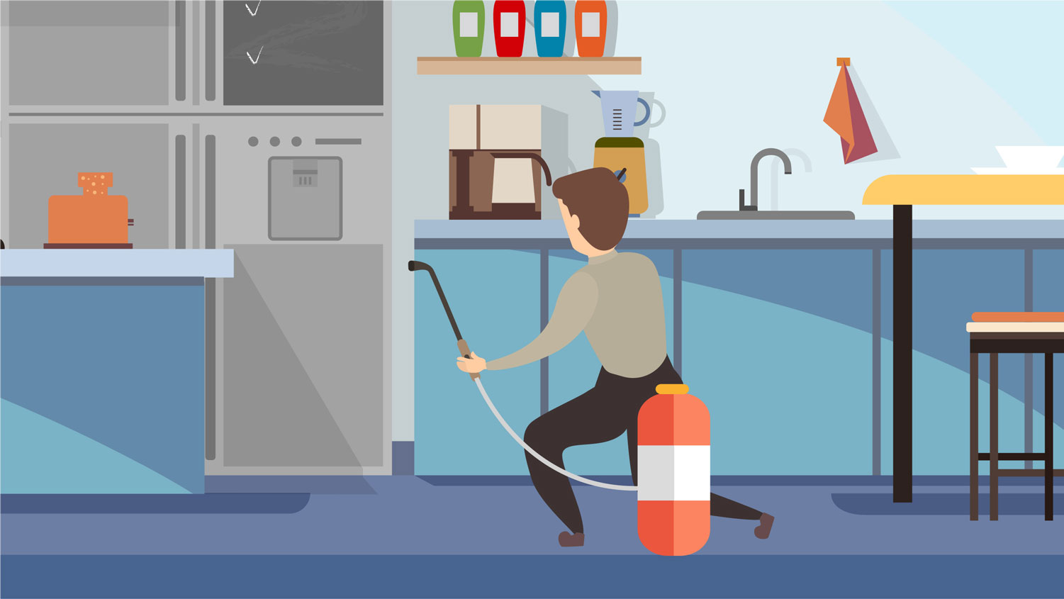 Graphic illustration featuring Lloyd Pest Control technician applying pest control treatments in home.