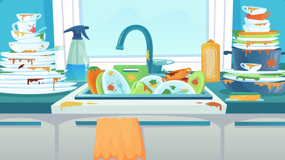 Illustration of dirty dished piled up in sink.