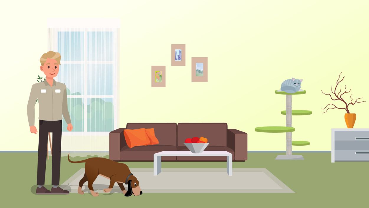 Illustration of pest technician inspecting home with a dog and a cat. 