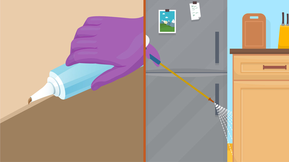 Illustration of pest technician applying cockroach gel baits and sprayed pest control treatments.