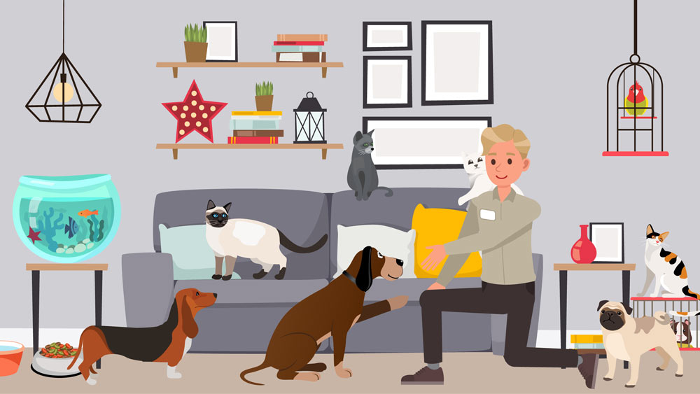 Illustration of Lloyd Pest Control technician shaking hands with a dog nearby a many other household pets.
