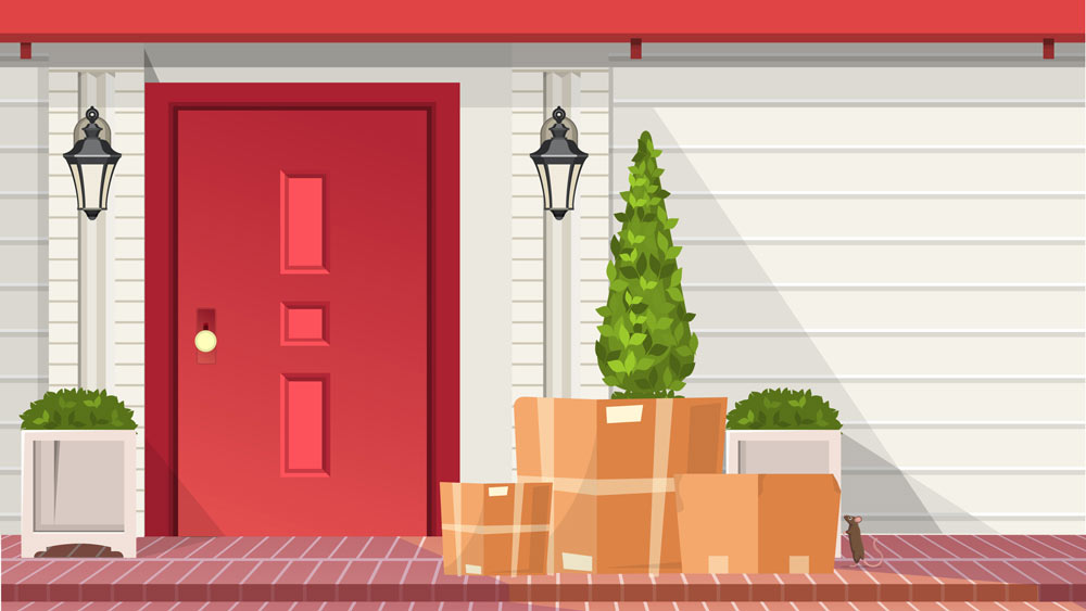 Graphic illustration of packages sitting in front of door step while a mouse approaches.
