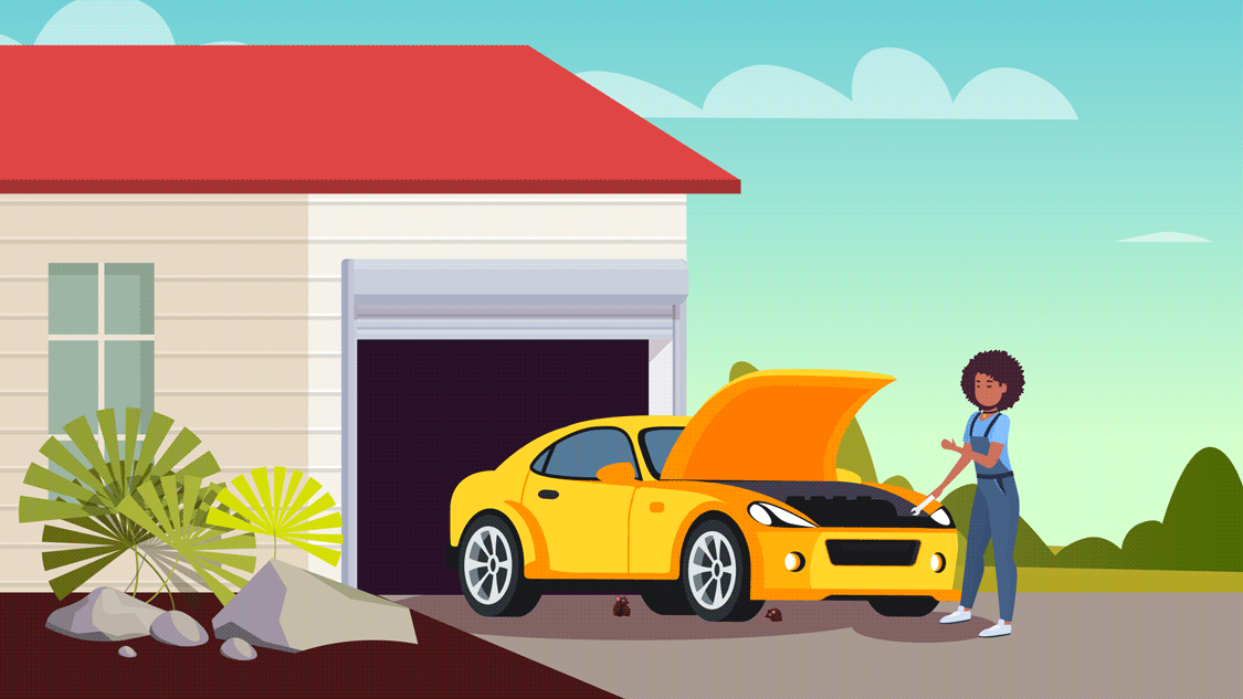 Graphic illustration featuring woman checking her outdoor vehicle for pests.