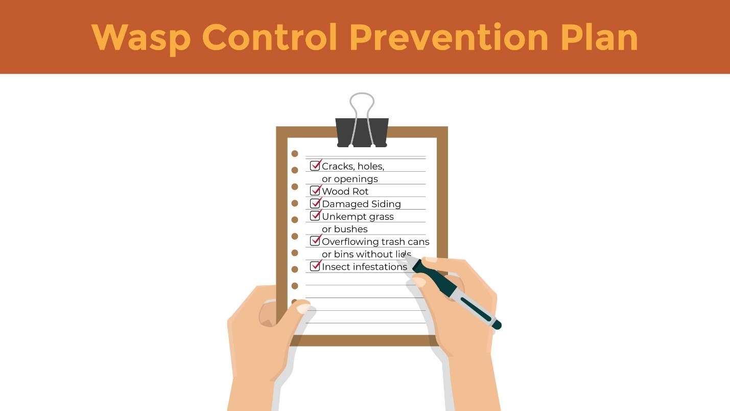 Illustration featuring hands holding a clipboard with a list of wasp control prevention tips. 